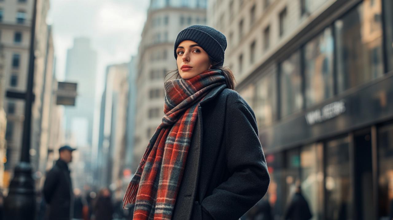 Llevar una bufanda con un abrigo largo; las buenas prácticas de estilismo con bufandas tejidas a mano